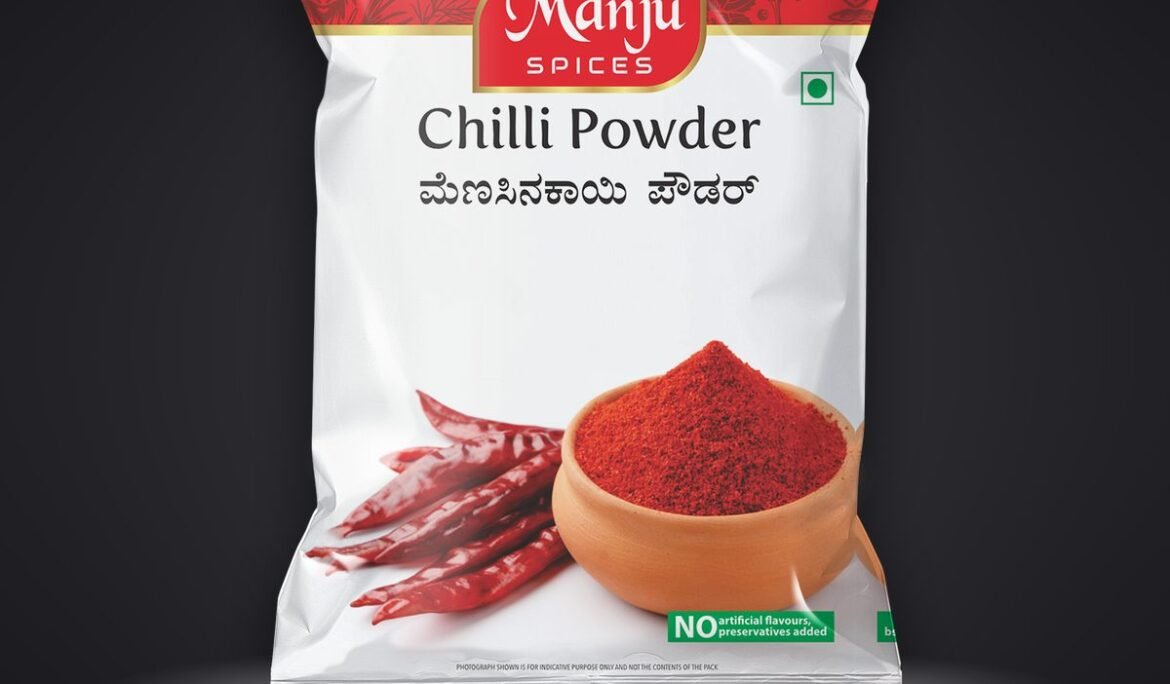 Manju Spices packaging design by Chaarvi Designs, Mysuru