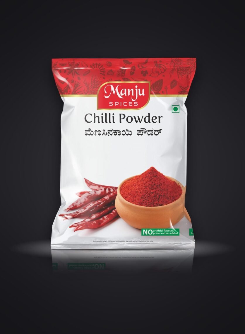 Manju Spices packaging design by Chaarvi Designs, Mysuru