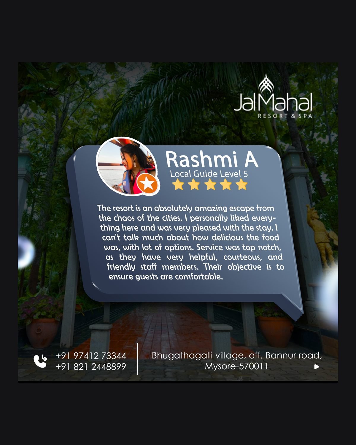 Jalmahal Resort social media design by Chaarvi Designs, Mysuru
