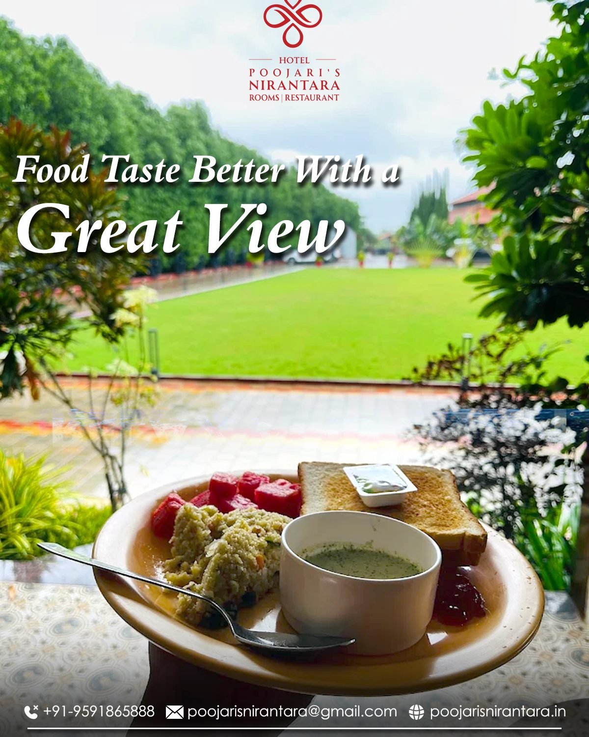 Poojari's Niranthara Resort social media design by Chaarvi Designs, Mysuru
