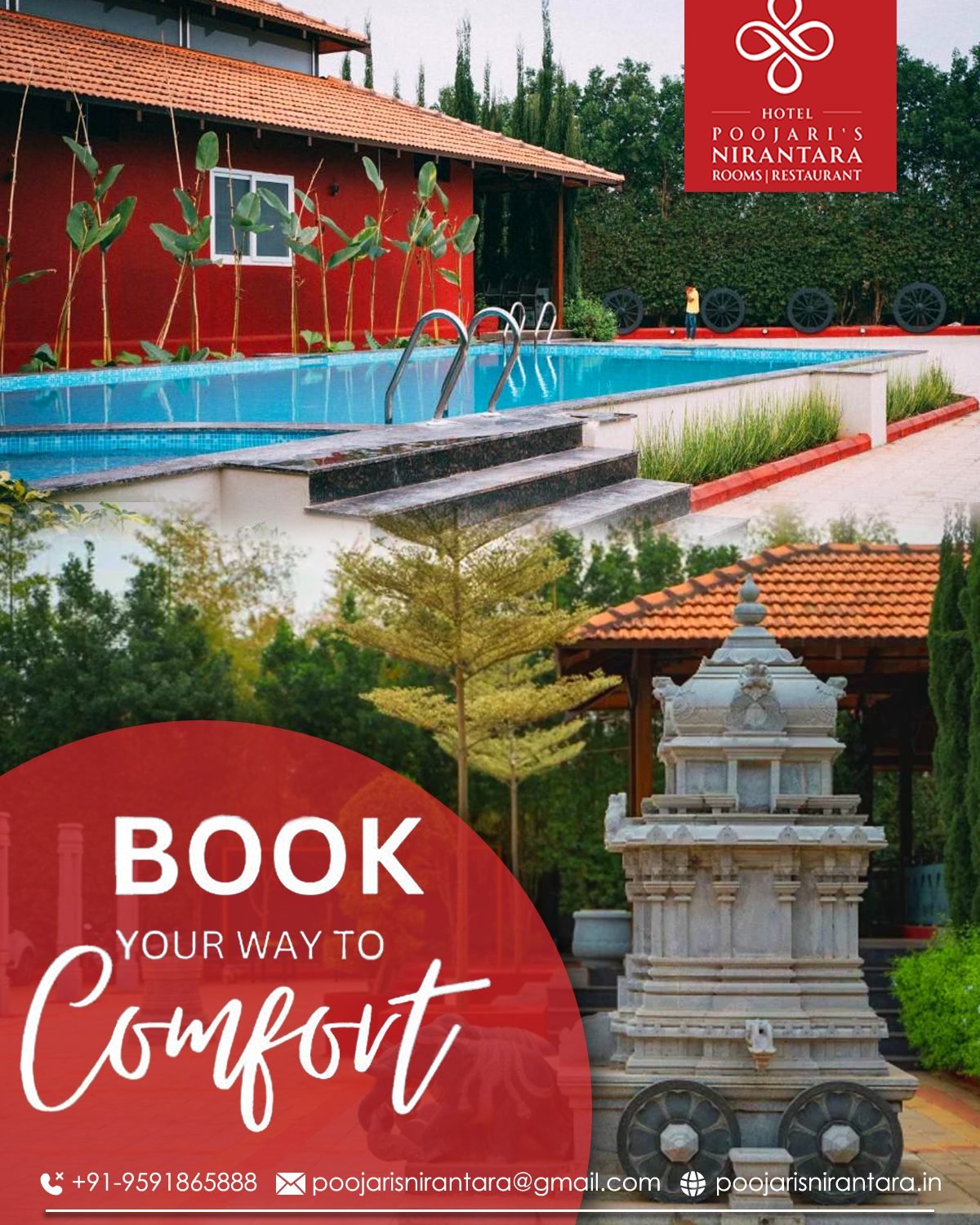 Poojari's Niranthara Resort social media design by Chaarvi Designs, Mysuru