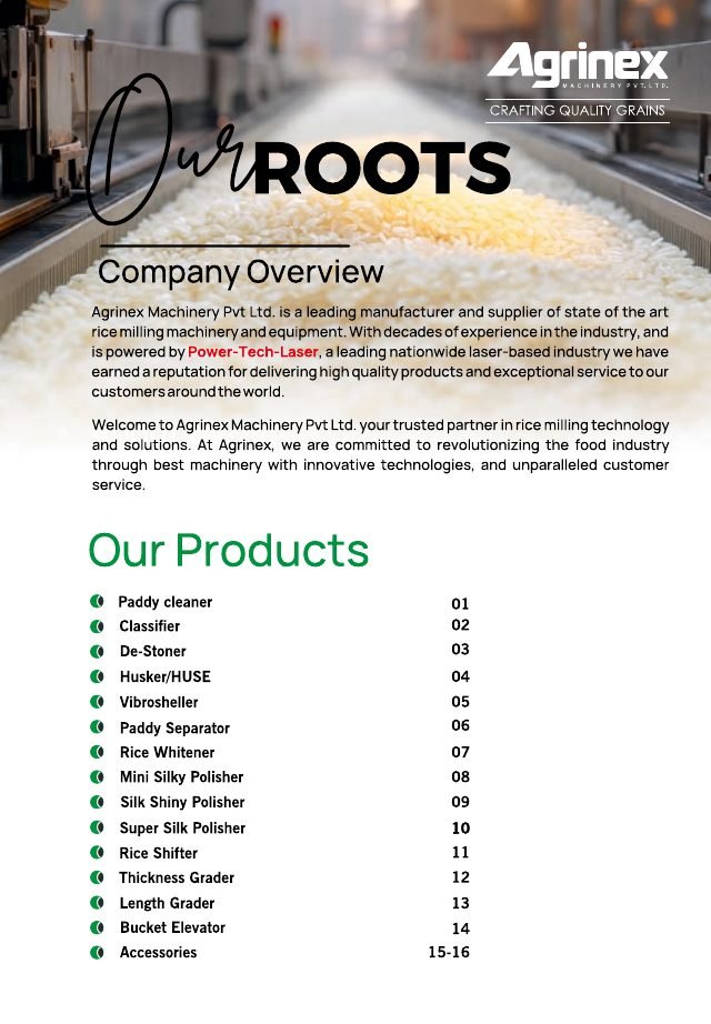 Agrinex Machinery product catalogue page 3, designed by Chaarvi Designs