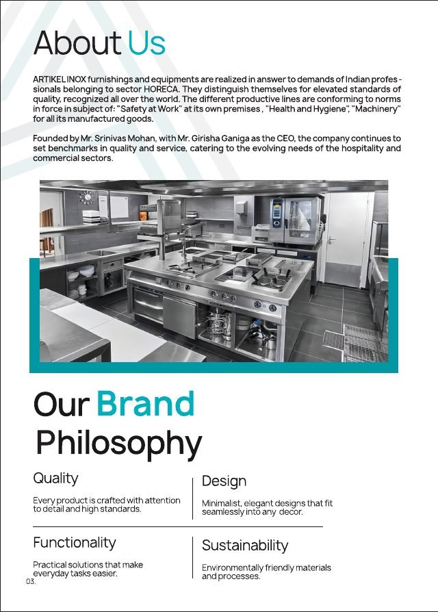 Artikel Inox product catalogue page 3, designed by Chaarvi Designs