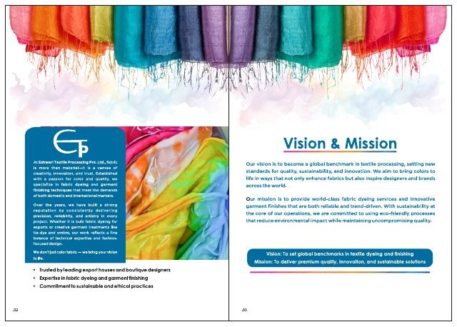 Eshwari Textile Processing company brochure page 2, designed by Chaarvi Designs