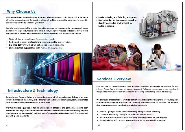 Eshwari Textile Processing company brochure page 3, designed by Chaarvi Designs
