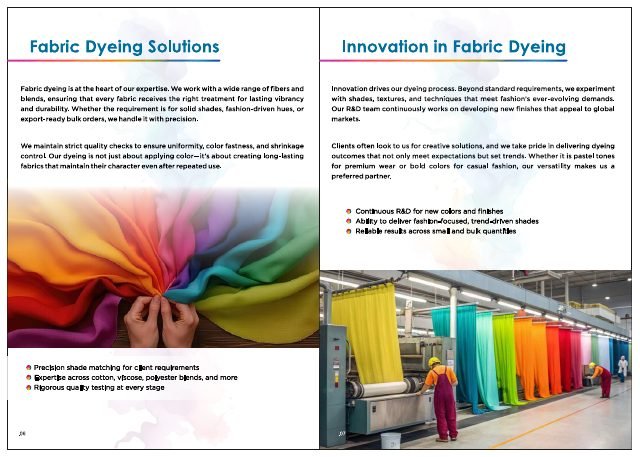 Eshwari Textile Processing company brochure page 4, designed by Chaarvi Designs