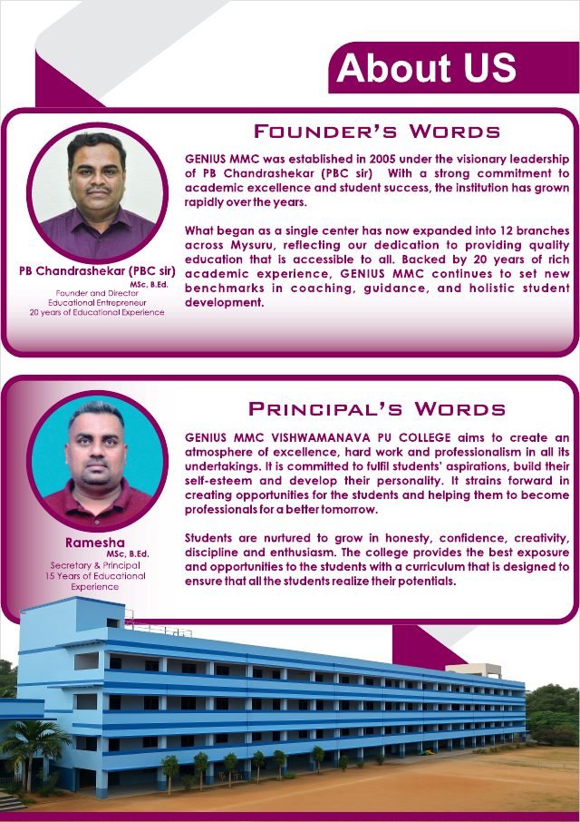 Genius MMC Vishwamanava PU College admissions brochure page 2, designed by Chaarvi Designs